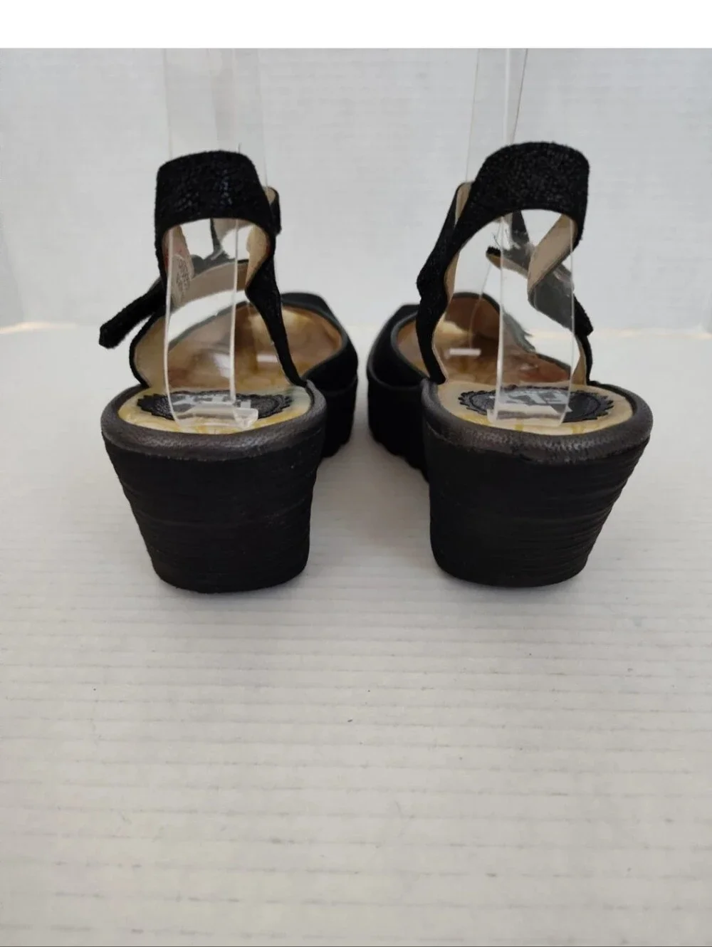 Fly London Yora Sandals Size 37 US 6-6.5 Black Leather Platform Wedge Peep Toe